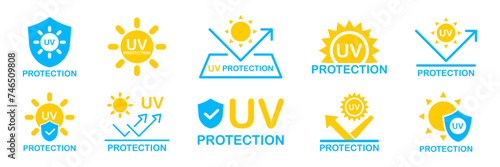 UV protection icon set. UV radiation icon. Ultraviolet symbol. Sun uv protection icons. Vector pictogram of sunscreen spf. Skincare illustration, sign for cosmetics packaging