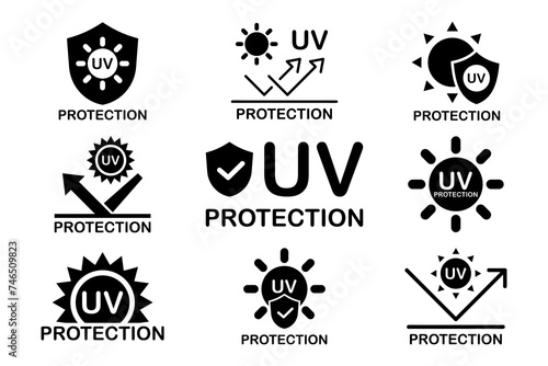 UV protection icon set. UV radiation icon. Ultraviolet symbol. Sun uv protection icons. Vector pictogram of sunscreen spf. Skincare illustration, sign for cosmetics packaging