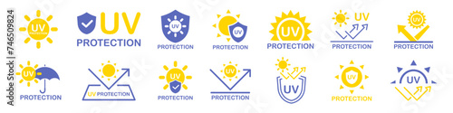 UV protection icon set. UV radiation icon. Ultraviolet symbol. Sun uv protection icons. Vector pictogram of sunscreen spf. Skincare illustration, sign for cosmetics packaging