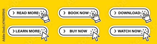 Click Here Button with Click cursor. Buy now button with shopping cart. Shop now. Modern collection for web site. Online shopping. Click here, apply, buttons hand pointer clicking. Web design elements
