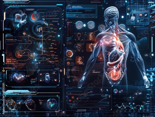 futuristic medical research or heart cardiology health care infographic biometrics for clinical and hospital
