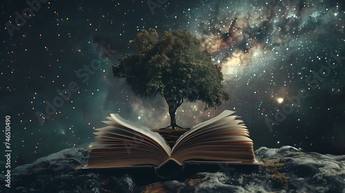 an open book with a tree growing from it on a black galaxy background. Generative Ai