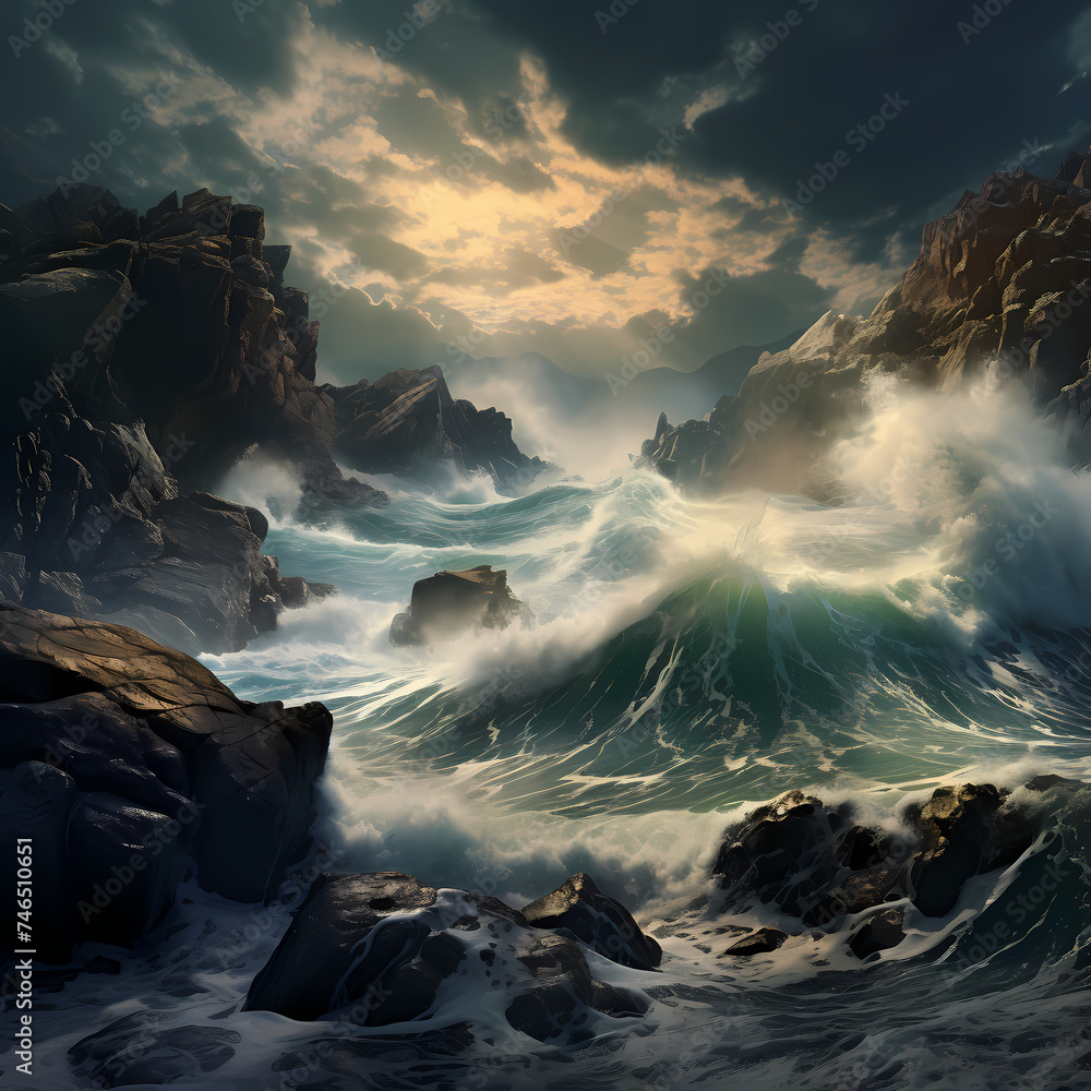 Dramatic ocean waves crashing against rocks.