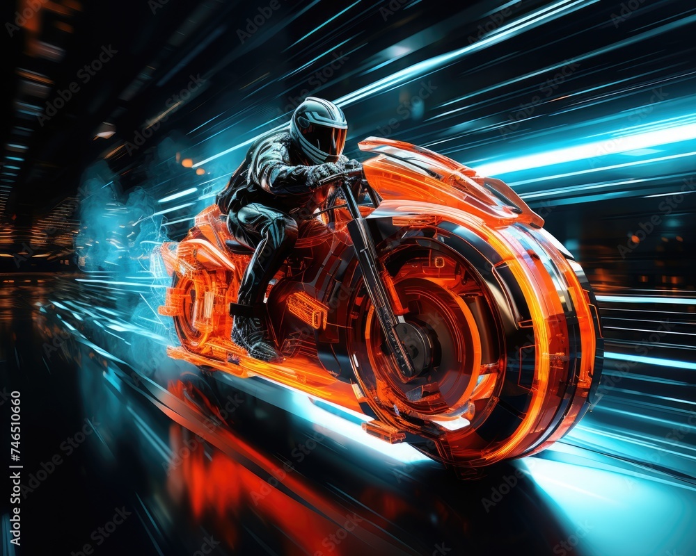 High speed chase through a neon lit megastructure anti gravity bikes weaving - obrazy, fototapety, plakaty 