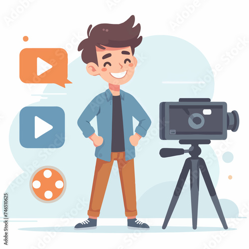 illustration flat design of the film maker concept. Happy young man with professional camera and movie video icon