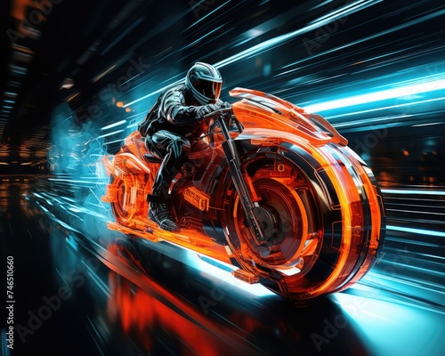 High speed chase through a neon lit megastructure anti gravity bikes weaving