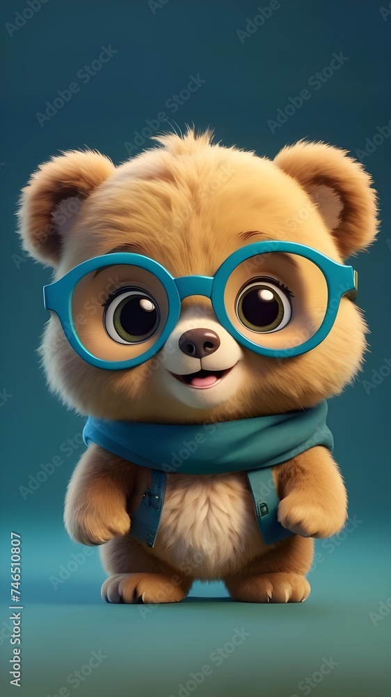 Fototapeta premium Cute baby bear wearing green colour spectacles isolated on a solid pastel colour background, baby bear wallpaper for kids, Creative baby animal concept, commercial, editorial advertisement background
