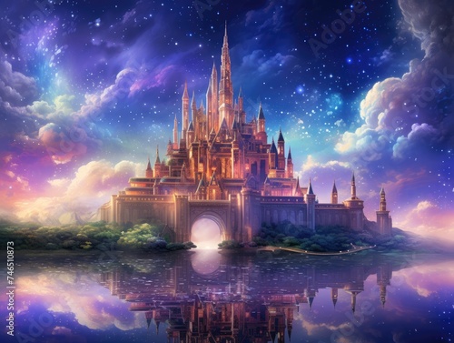 Majestic castle floating on a cloud reached only by a rainbow bridge under a starry sky