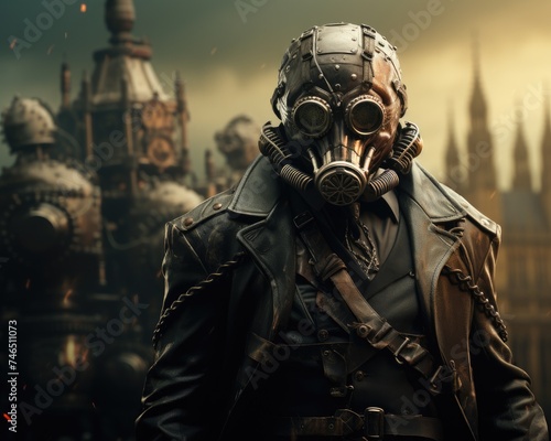 Steampunk London under a digital plague heroes in gas masks and gears seeking a cure photo