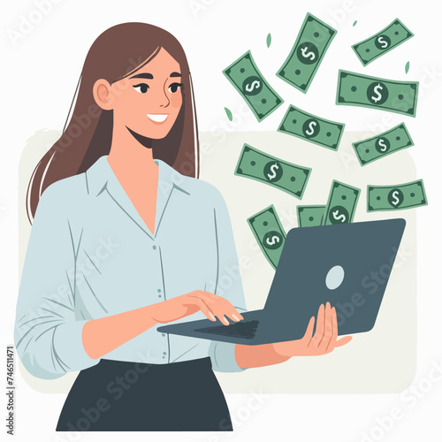 flat design illustration of a business woman making money with a laptop