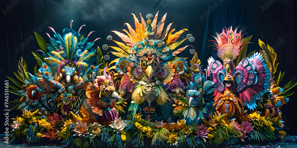 Exuberant carnival scene filled with elaborate floats and vibrant colors a celebration of culture .Maximalist inspiration .

 - obrazy, fototapety, plakaty 