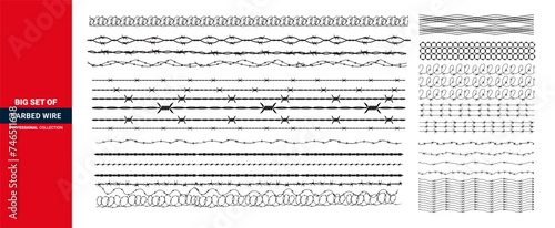 Razor wire silhouettes. Barbed wire metallic border elements, barb wire set, barb wire icon.
