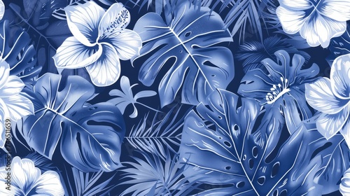 Exotic tropical vector background with hawaiian plants and flowers. Seamless indigo tropical pattern with monstera and sabal palm leaves, guzmania flowers.