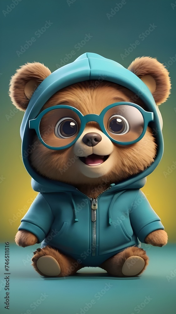 Fototapeta premium Cute baby bear wearing green colour spectacles isolated on a solid pastel colour background, baby bear wallpaper for kids, Creative baby animal concept, commercial, editorial advertisement background