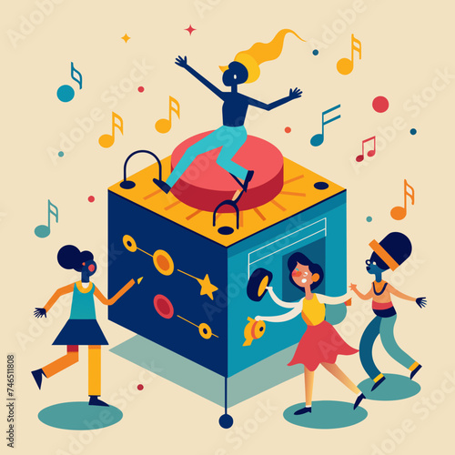 A music box with figures dancing to the melody. vektor illustation