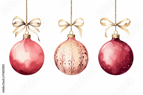 Collage of red Christmas hanging baubles on white, watercolor