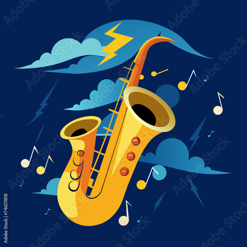 A saxophone blowing musical notes into a stormy sky. vektor illustation