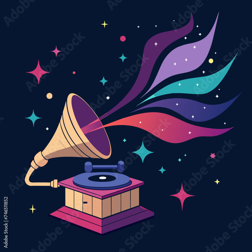 A gramophone with soundwaves rippling through space. vektor illustation