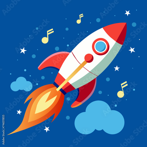 A rocket ship blasting off with music notes as its exhaust. vektor illustation