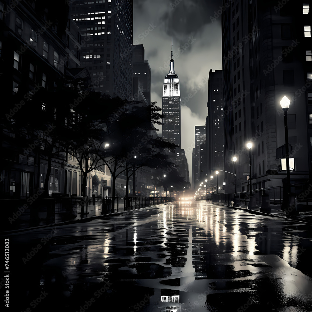 Moody black and white cityscape in the rain.