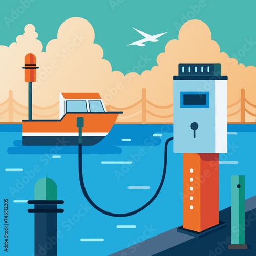 Charging dock for electric boats at a harbor. vektor illustation