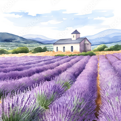 Watercolor purple lavender flowers field with rural provincial house. Provence, France