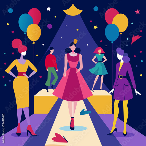 A vibrant birthday fashion show with models and runway. vektor illustation