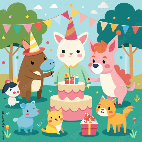 A whimsical birthday petting zoo with adorable animals. vektor illustation