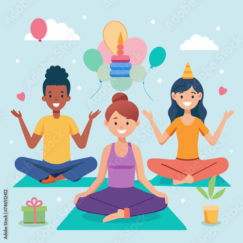 A cheerful birthday yoga class with mats and meditation. vektor illustation