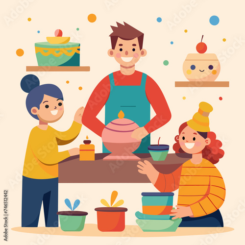 A joyful birthday pottery class with clay and pottery wheels. vektor illustation