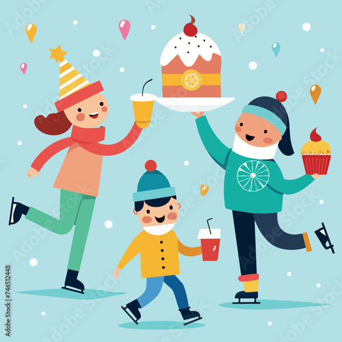 A happy birthday ice skating party with skates and hot cocoa. vektor illustation