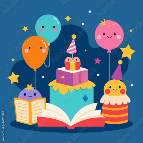 A cheerful birthday storytelling session with books and props. vektor illustation