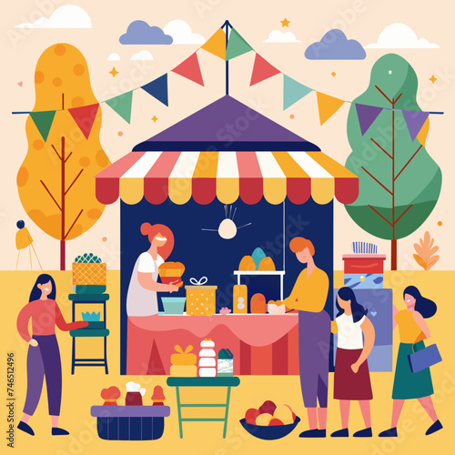 A lively scene of a birthday DIY craft fair with booths and crafts. vektor illustation