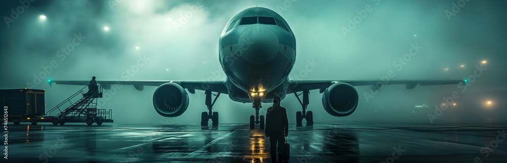 Front View of Airplane on Runway in Misty Evening Ambiance
 - obrazy, fototapety, plakaty 