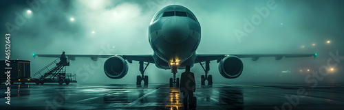 Front View of Airplane on Runway in Misty Evening Ambiance 