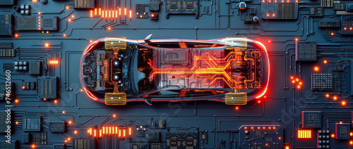 Electric Car with High-Tech Powertrain on Futuristic Circuit Board
