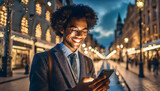 Urban Elegance: Joyful Man with Smartphone Enjoying City Night Lights