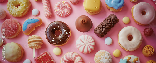 Assorted Sweet Treats and Confections on Pink Background