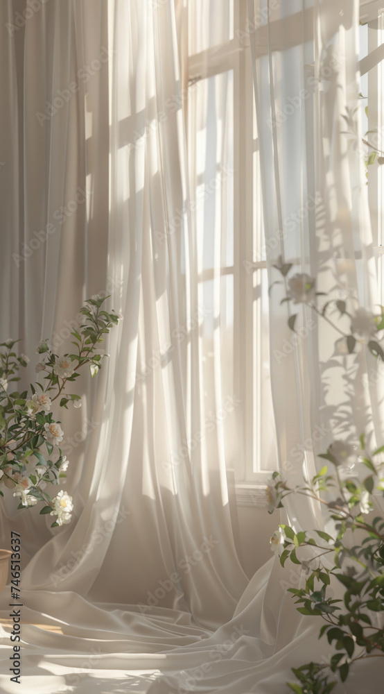 Big window in luxury house decorated with beige curtain and spring flowers , light, calm and minimalistic elegant interior, modern spring sommer decoration	