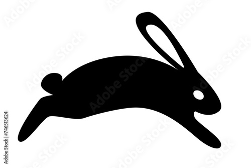 Running rabbit silhouette isolated on white background. Simple black bunny icon. Design for sticker, logo, Easter theme, and pet concept