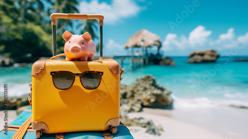 pig with sunglasses and suitcase on a beach   generative ai