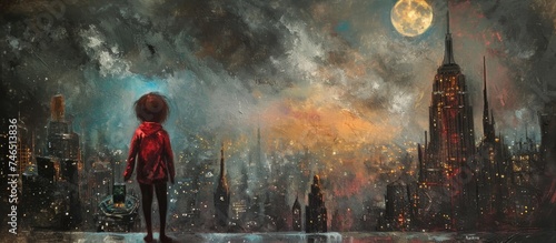 Young child defending city against darkness. Mixed media. photo
