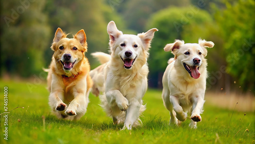 Pack of dogs running on grass