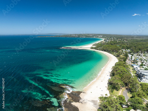 High angle aerial drone view of Huskisson Beach and Collingwood Beach in Huskisson and Vincentia, beachside suburbs in Jervis Bay Territory and on the South Coast of New South Wales, Australia. © Juergen Wallstabe