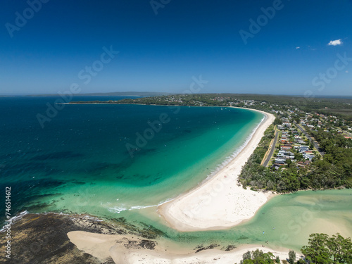 High angle aerial drone view of Sailors Grave Beach and Collingwood Beach in Vincentia, a beachside suburb in Jervis Bay Territory and on the South Coast of New South Wales, Australia. © Juergen Wallstabe