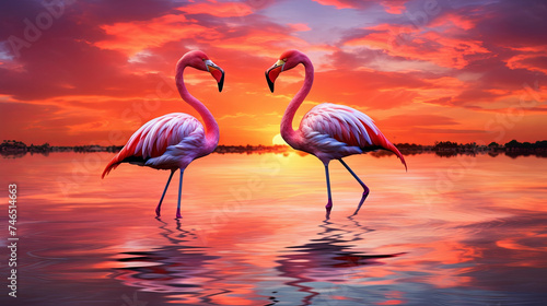 A pair of pink flamingos in the river at sunset. The concept of environmental protection.