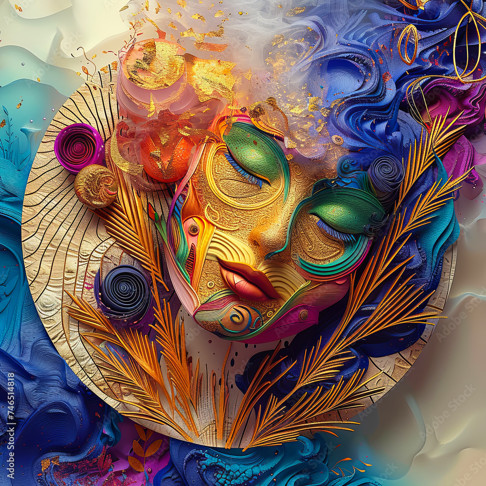 An intricate fantasy illustration of a woman in the style of multilayered paper sculpture with swirling colors, golden features and relief. Colorful, dream-like atmosphere.