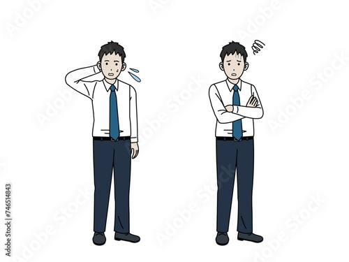 心配して困る若い会社員の男性のイラスト