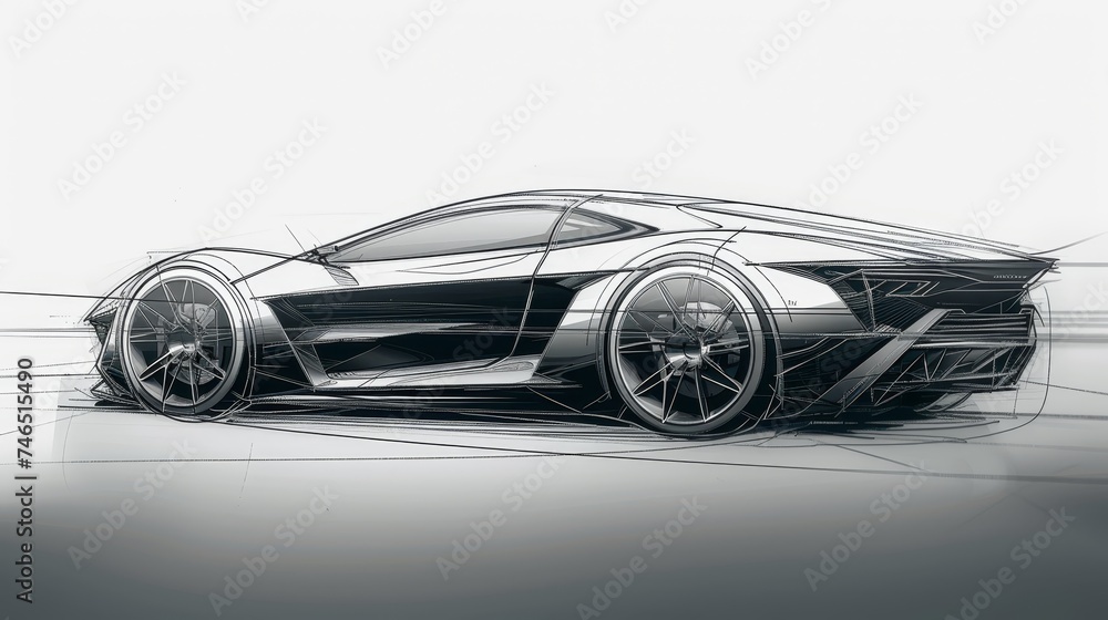 A conceptual design sketch of a futuristic sports car with dynamic lines and an aerodynamic structure. A conceptual design sketch of a futuristic sports car with dynamic lines and an aerodynamic structure.