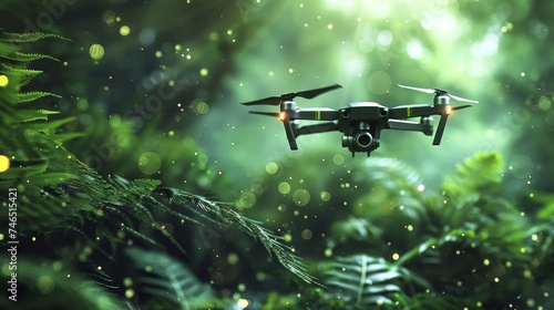 Quadcopter drone hovering amidst vibrant green foliage  capturing the essence of technology in nature exploration.